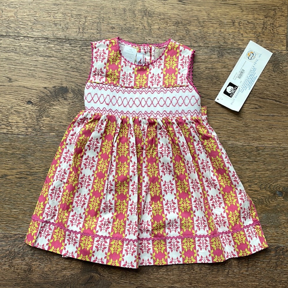 Silly Goose Hand Smocked Geometric Pink White Green/Yellow Sundress